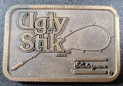 VINTAGE SHAKESPEARE UGLY STIK FISHING RODS BELT BUCKLE  RJ ROBERTS USA - Image 1 of 4