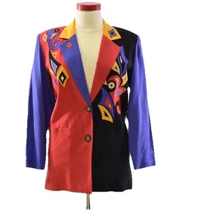 80s Vintage IB Diffusion Colorblock Blazer Womens M Boho Applique Linen Jacket - Picture 1 of 6