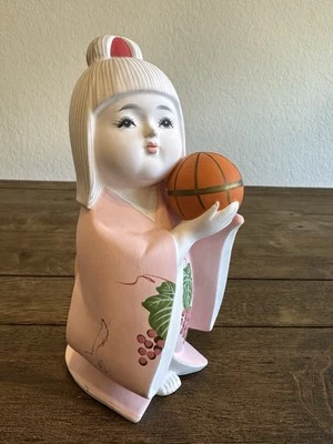 Vintage Okimono Grapes BD 523 Ceramic Japanese Kimono Girl W Basketball Figure - Image 1 of 4