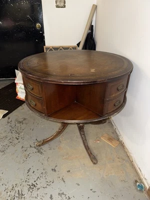 Vintage Tooled Leather Covered Table Top Or display Stand WOW - Image 1 of 4