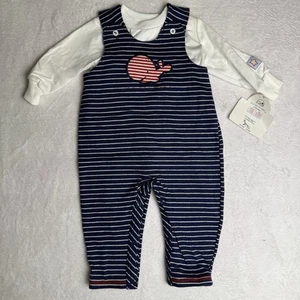 Vtg Buster Brown Stripe Overalls Whale Outfit Set Boys 3-6 Months Blue White NWT - Picture 1 of 6