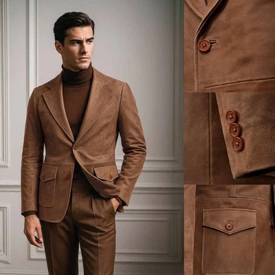 Mens Suede Jacket Single Breasted Notched Lapel Office Business Work Casual Coat - Image 1 of 4