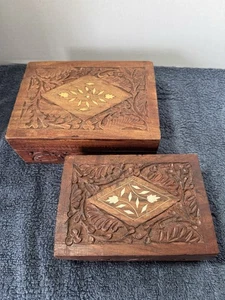 2 Vintage Wood Inlay Hand Carved Trinket/jewelry Boxes Nesting Boxes - Picture 1 of 7