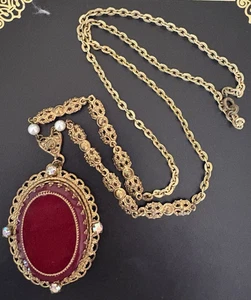 Collar de filigrana de oro vintage de piedra roja y perlas: firmado Alemania Occidental - Imagen 1 de 7