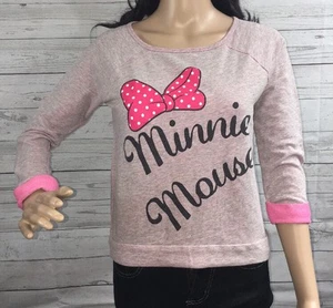 Disney Minnie Mouse Shirt XS Heather Gray Pink Crop Top Casual Raglan Teen - Picture 1 of 12