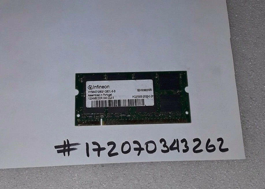 1GB 2RX8 DDR1 DDR PC2700S 2RX8 333MHZ 200PIN SODIMM NON-ECC DUAL RANK 64X8  - Image 1 of 1