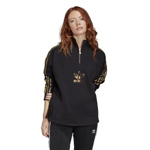 adidas ORIGINALS WOMEN'S 1/4 ZIP TREFOIL SWEATSHIRT PULLOVER 3-STRIPE BLACK GOLD - Picture 1 of 5