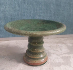 Studio Art Pottery Candle Plate Pedestal green and brown 4x5 - Picture 1 of 10