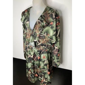 Johanna Ortiz x H&M Small Womens Ruffle neck floral satin party dress green - Picture 1 of 9