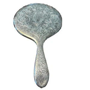 Antique Vanity Table Hand Mirror Etched Engraved Silverplate Beveled Mirror - Picture 1 of 22