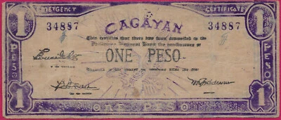 PHILIPPINES (GUERRILLA) 1 PESO 1942 CAGAYAN PROVINCE,EAGLE AT CENTER,Script:Lati - Image 1 of 2
