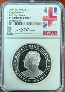 2022 2oz Malta S3E King Charles III NGC PF70 First Day Of Issue Jody Clark - Picture 1 of 2