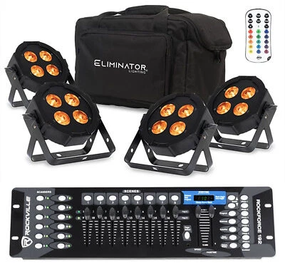 (4) American DJ MEGA FLAT HEX L PAK4 RGBLA+UV LED Par Lights+DMX Controller+Bag - Image 1 of 4