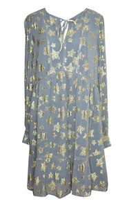 Neu LOFT M Kleid Schimmer Stern Stufen Dusty Blau Gold Metallic Langarm Neu mit Etikett - Bild 1 von 4