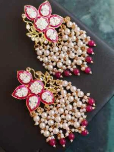 Meenakari flower design multi pearl drop big dangle earrings - Picture 1 of 2