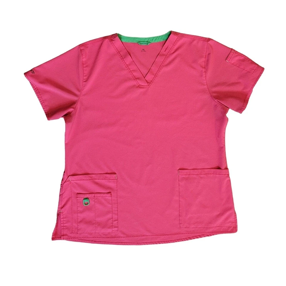 Carhartt Force XL Pink Medical Scrub Top Short Sleeve V Neck Cross Flex - Image 1 of 4