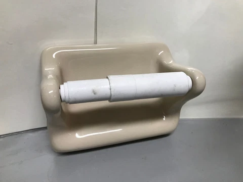 VTG Mid Century Beige Bathroom Accessory Toilet Paper Holder Glossy Porcelain Cover