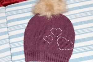 Cute Purple Baby Hat With Rhinestone Hearts And Faux Fur Pom Pom