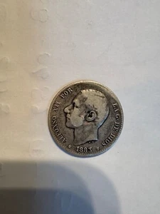 Spain 1883 MS M  1 Peseta ALFONSO XII  0.835 Silver Coin KM#686 - Picture 1 of 2
