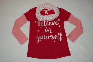 Girls DK RED T-SHIRT Pink Sleeves BELIEVE IN YOURSELF Glitter BE YOU Scarf M 7-8 - Picture 1 of 3