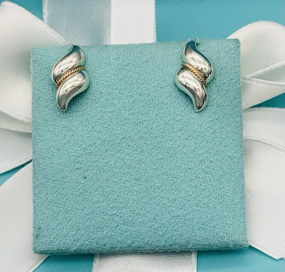 De colección Tiffany & Co Oro 14K Plata Concha de Mar Camarón Trenza Remolino Pendientes Bolsa Foto 1 de 1