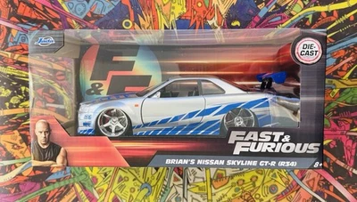 Brinquedos Brians Nissan Skyline GTR R34 prata azul escala 1:24 Fast & Furious Jada - Imagem 1 de 3