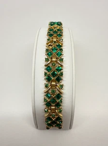 Vtg Crown Trifari Bracelet Green rhinestones gold tone signed 7" As Is - Picture 1 of 7