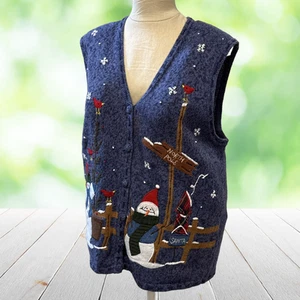 Vintage Christmas Sweater Vest Womens 18W 20W Blue Embroidered Snowman Cardinal - Picture 1 of 16