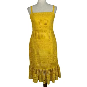 J Crew Midi Dress Womens Size 6 Yellow Lace Crochet Flounce Beachy Coastal - Picture 1 of 17