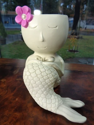 Florero blanco sirena suculenta jardinera decoración del océano playa náutica rosa flor 5,5" Foto 1 de 4