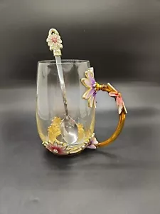 Arc of France Jewelled Enamelled Floral 4.75" Glass Cup Coffee Tea Mug & Spoon - Picture 1 of 11
