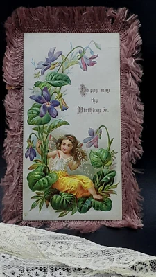 Antique Fairy Violet Poppy Girl DOUBLE SIDe SILK-FRINGED VICTORIAN CARD Birthday - Image 1 of 4