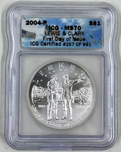 2004 P S$1 ICG PR70 DCAM & MS70 Lewis & Clark First Day of Issue Pair - Picture 1 of 8