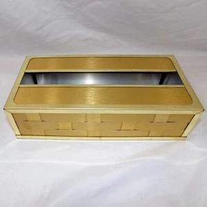 Vintage Messing Gold Flach Wandhalterung Tissue Box Abdeckung Korbgeflecht Seiten - Bild 1 von 8