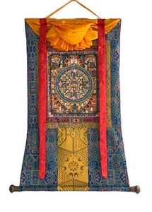 BUDDHA LIFE MANDALA ORIGINAL TIBETAN THANGKA PAINTING WITH PREMIUM SILK BROCADE - Picture 1 of 11