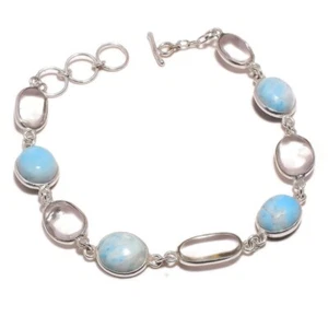 Genuine Sky Blue Larimar & Clear Crystal Quartz Gemstone Handcrafted Bracelet - Picture 1 of 3