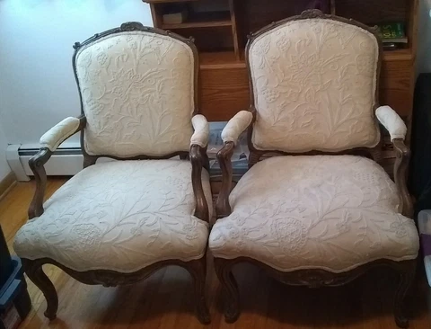 Interior Crafts Chicago Pair of Louis XV French Style Fauteuil Wood Arm Chairs Cover