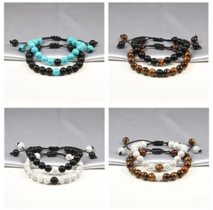 Juego de 2 pulseras de cuerda trenzada para pareja negro blanco con cuentas ojo de tigre brazalete de lava - Imagen 1 de 21