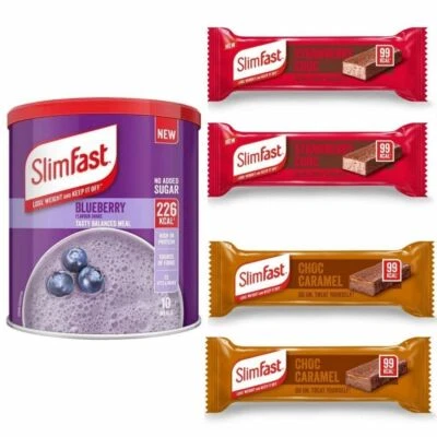 Slim fast Powder Tin Blueberry 365G With 2 Strawberry Choc & 2 Choc Caramel Bars - Image 1 of 4
