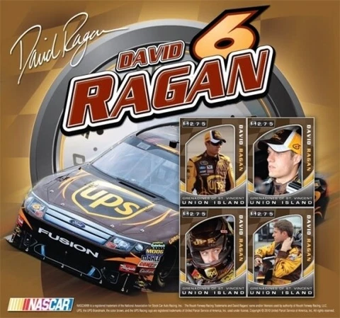 Union Island 2010 - Nascar / David Ragan Sheet of 4 PERFORATED Stamps MNH Cover