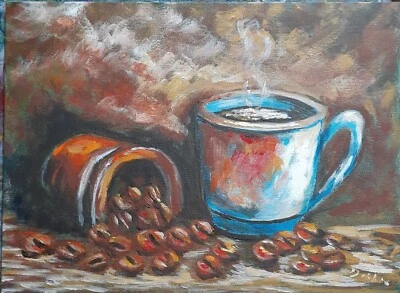 " Coffee Art Painting 9x12 Acrylic on Canvas board – Rustic Coffee Mug and Beans - image 1 of 4