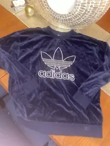 ADIDAS ORIGINALS WOMEN'S TREFOIL NAVY BLUE VELOUR CREW SWEATSHIRT SZ S - Picture 1 of 3