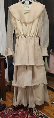 Vintage Dominic Rompollo Champagne FL Tiered Sheer Ruffles & Sleeves Gown 10 - Image 1 of 4