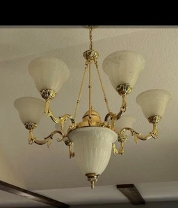 Französischer Vintage Messing Kronleuchter Alabasteroptik - Bild 1 von 8