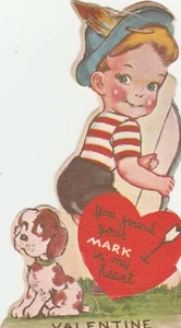 Tarjeta de San Valentín vintage niño tiro con arco Beagle años 50 troquelada para niño - Imagen 1 de 2