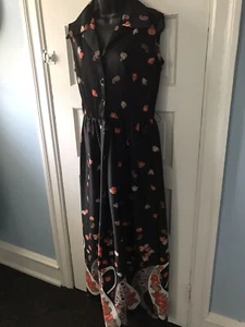 Vintage 60s ~ 70s Black Floral Paisley Polyester Maxi Dress Sz 16 Flower Power - Picture 1 of 8