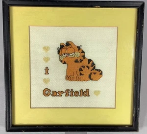 Vintage i ❤️ Garfield Cross Stitch W/Frame Glass Yellow Mat 10.5” x 10.25” VGVC - Picture 1 of 5