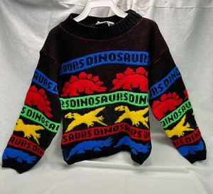 Kids Dinosaur Knit Sweater Vintage ColorBlack Red Green Animal Print Acrylic USA - Picture 1 of 24