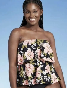 Kona Sol Women's Large Top Black Floral Tiered Bandeau Tankini - Picture 1 of 3