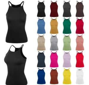Ribbed High Square Halter Neck Racerback Cami Top - Picture 1 of 120